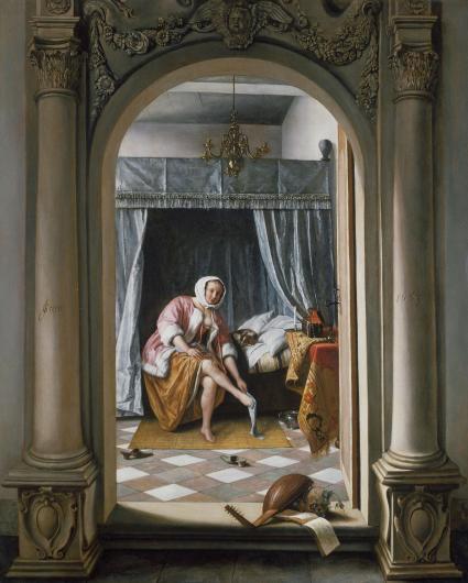 Jan Steen painting of a woman putting on her stocking as seen through an arched doorway