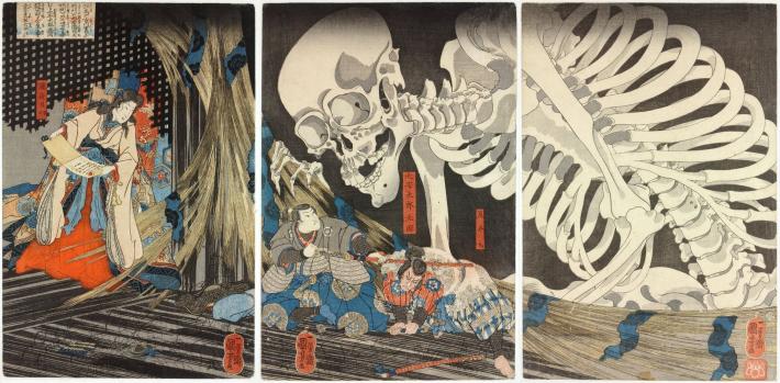 Takiyasha triptych print of a giant skeleton looming over figures