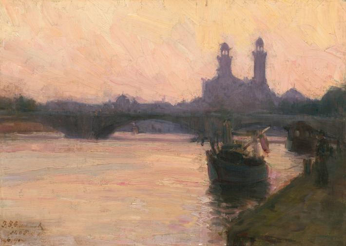 Henry Ossawa Tanner landscape painting of the river seine in pink morning light
