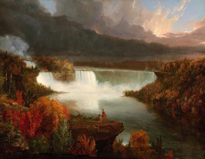Thomas Cole landscape painting of niagara falls with fall trees