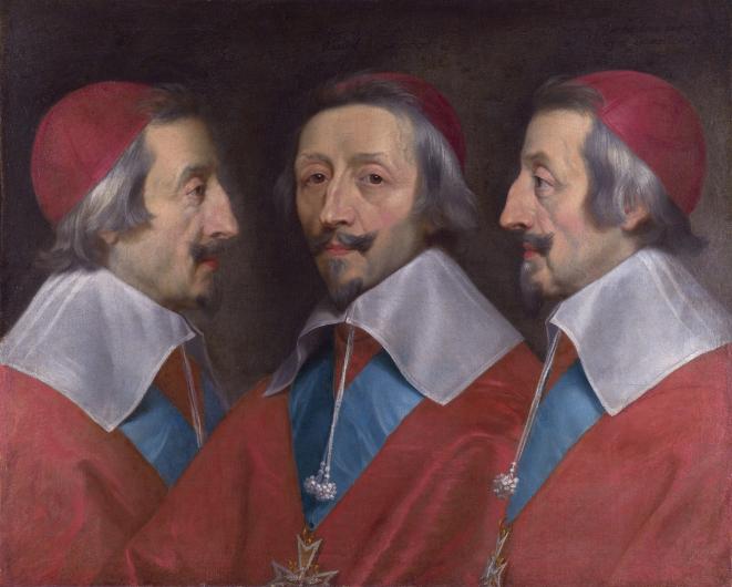 Triple Portrait of Cardinal de Richelieu by Philippe de Champaigne, a white man in a red robe and hat shown from three angles