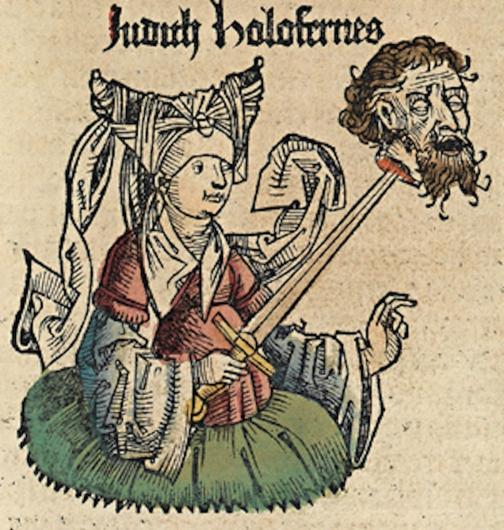Unknown, Judith with the head of Holofernes in the Nuremberg Chronicles, 1493. Woodcut. Courtesy Wikimedia commons. 