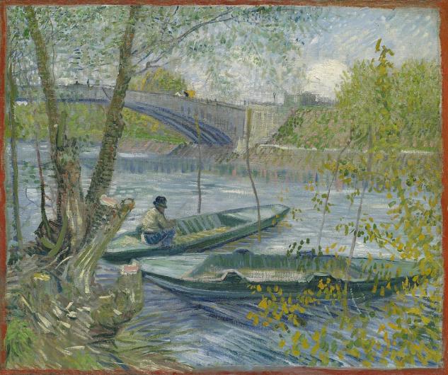 van gogh painting of two small fishing boats on a river in spring with a bridge in the background