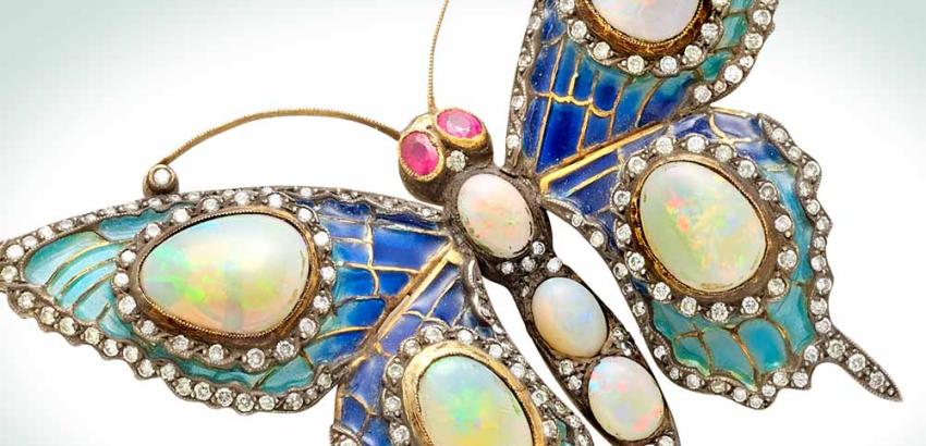 Opal and plique-a-jour brooch