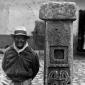 Detail of Peruvian archaeologist Julian C. Tello photographed standing next to the Tello Obelisk, named for his discovery.