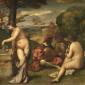 Giorgione allegorical painting of a nude female figure drawing water from a well while figures behind her play instruments in the grass